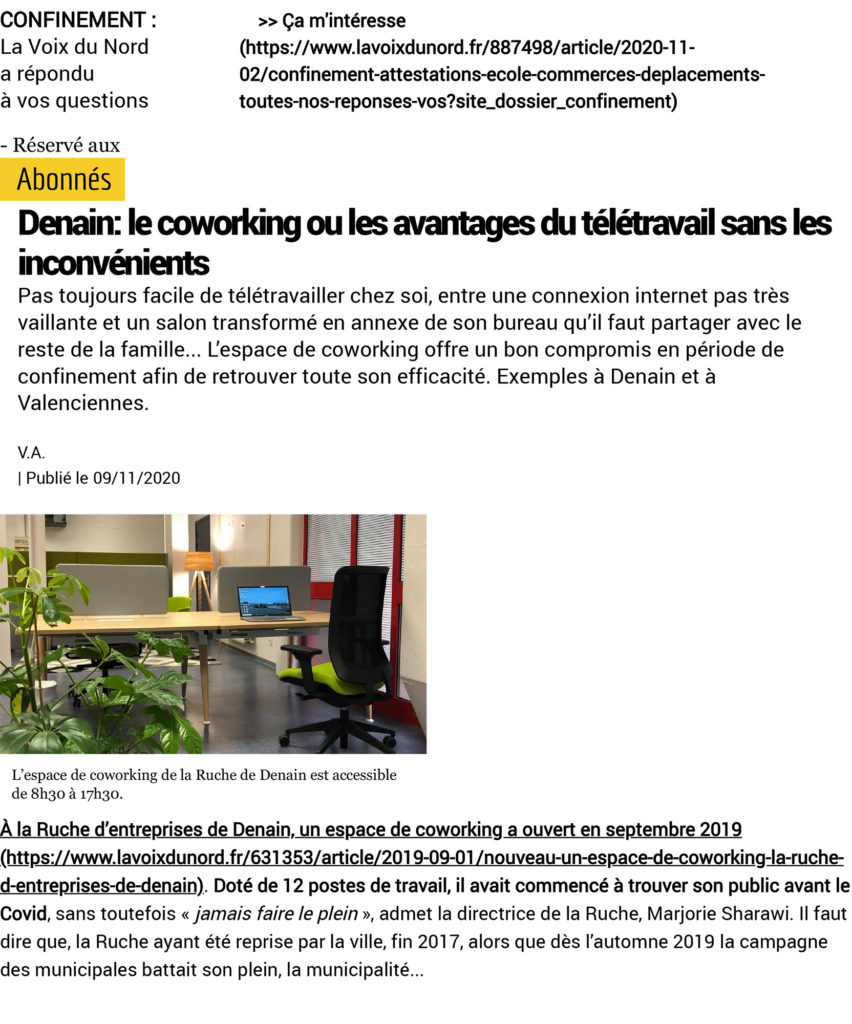 Article de presse sur le coworking et les avantages du télétravail sans les inconvénients à La Ruche de Denain